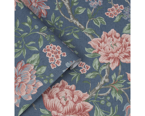 Papier peint à motifs floraux et volutes