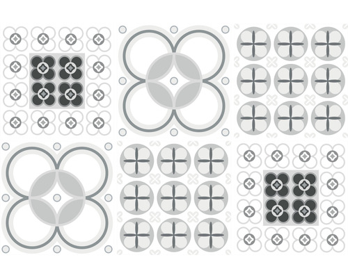 Film adhésif carrelages Venilia Olaf gris blanc 15 x 15 cm 6 pièces Motif de carreaux avec des motifs floraux et géométriques