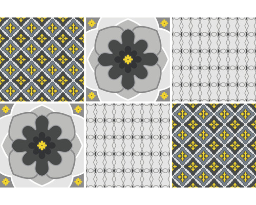 Film adhésif carrelages Opus jaune gris 15 x 15 cm 6 pièces Illustration de six motifs de carreaux avec des motifs géométriques et floraux