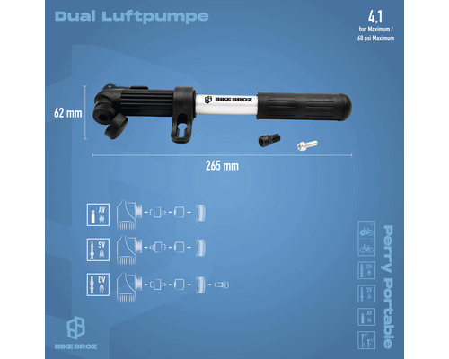 Duale Luftpumpe mit den Maßen 62 Millimeter mal 265 Millimeter von Bike Broz