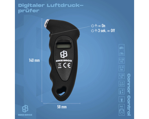 Digitaler Luftdruckprüfer mit Display und Bike Broz Logo