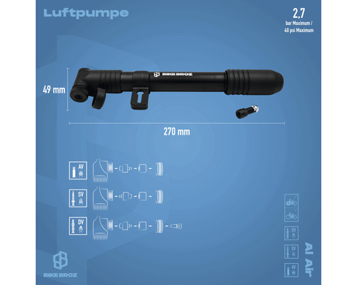 Fahrradluftpumpe mit einer Länge von 270 Millimeter und einem maximalen Druck von 2,7 bar der Marke Bike Broz