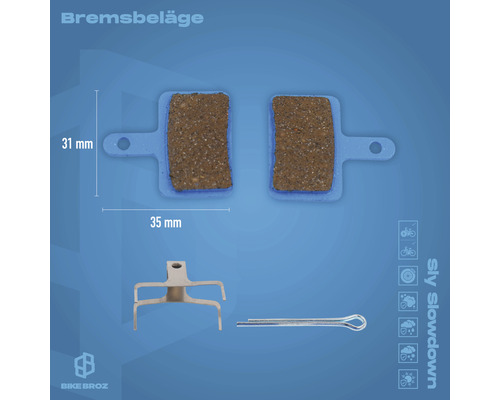 Bremsbeläge mit 31 mm und 35 mm Abmessungen sowie Bremsfeder und Sicherungsstift