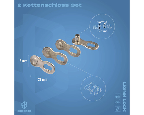 Zwei Kettenschlösser Set mit den Maßen 8 mm und 21 mm.
