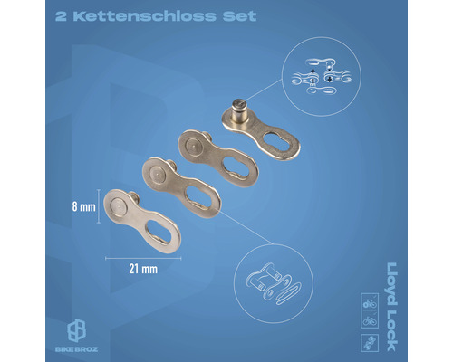 Zwei Kettenschloss Sets mit einer Größe von 8 mm mal 21 mm.
