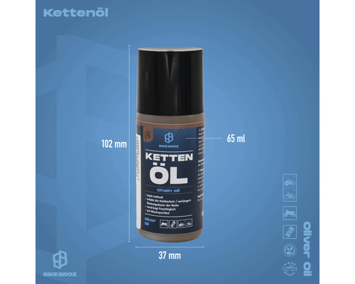 Flasche Kettenöl mit den Maßen 102 mm Höhe und 65 ml Inhalt