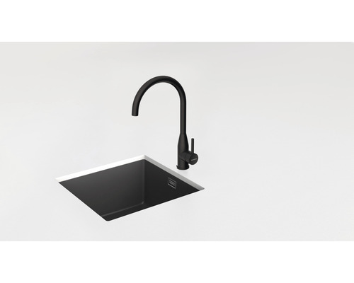 Robinet de cuisine noir avec évier dans un environnement lumineux