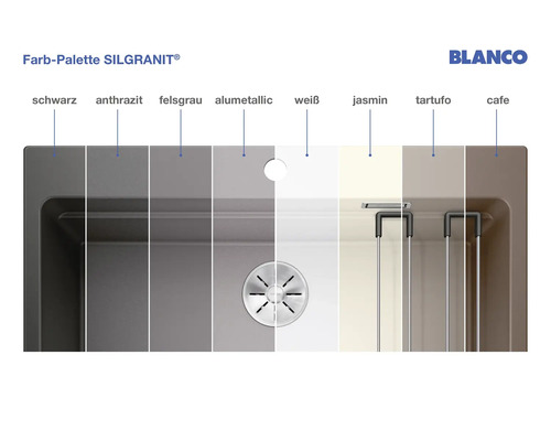Palette de couleurs d''évier Blanco Silgranit avec les couleurs noir, anthracite, gris roche, aluminium métallisé, blanc, jasmin, truffe et café