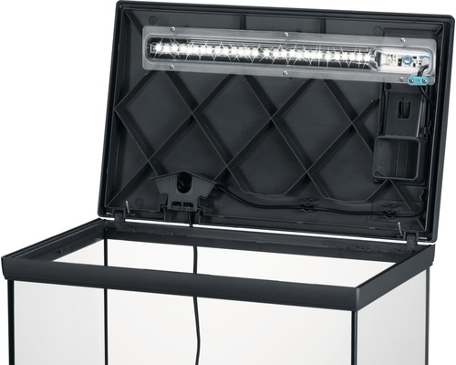 Geöffnetes Aquarium mit LED-Beleuchtung und schwarzem Rahmen