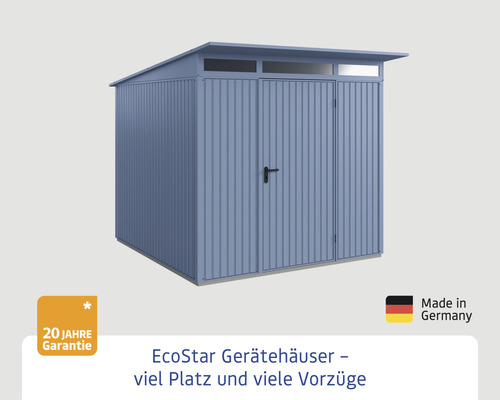 Gerätehaus aus Metall mit Pultdach und Doppeltür