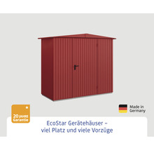 Gerätehaus aus Metall mit Satteldach und Tür