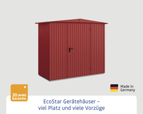 Gerätehaus aus Metall mit Satteldach und Tür