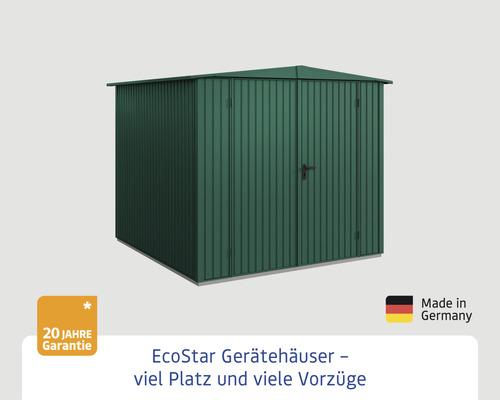 Gerätehaus aus Metall mit Doppeltür und 20 Jahre Garantie