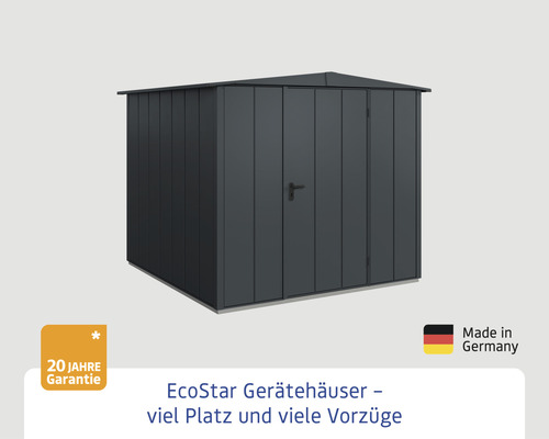 EcoStar Gerätehaus aus Metall mit 20 Jahre Garantie und Herkunftsbezeichnung Made in Germany
