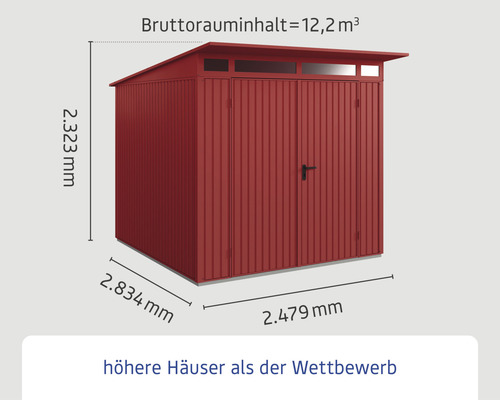 Metall Gerätehaus mit den Maßen 2323 mm Höhe, 2834 mm Breite und 2479 mm Tiefe