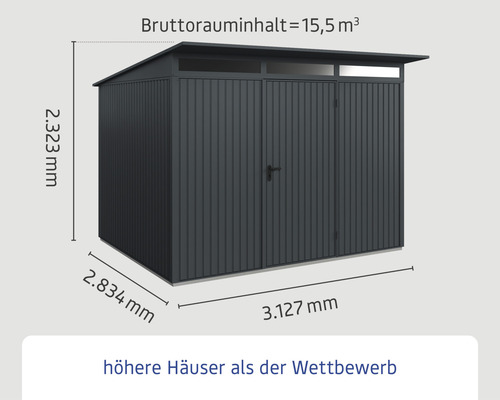 Metall Gerätehaus mit den Maßen 2.323 Millimeter Höhe, 3.127 Millimeter Breite und 2.834 Millimeter Tiefe