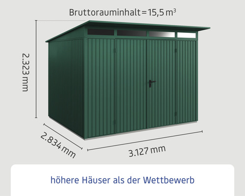 Metall Gerätehaus mit den Maßen 2323 mm Höhe, 2834 mm Breite und 3127 mm Länge