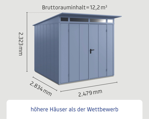 Abbildung eines Gartenhauses mit den Maßen 2323 mm Höhe, 2834 mm Breite und 2479 mm Tiefe.