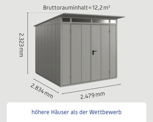 Metall Gerätehaus mit Maßangaben: 2,323 mm Höhe, 2,834 mm Breite und 2,479 mm Tiefe. Bruttorauminhalt beträgt 12,2 Kubikmeter.