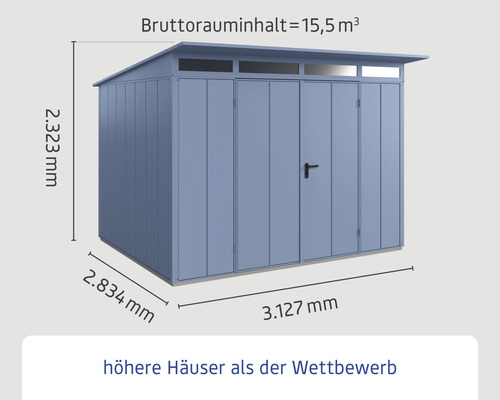 Gartengerätehaus aus Metall mit den Maßen 2323 mm Höhe, 2834 mm Breite und 3127 mm Tiefe