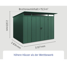 Gartenhaus Hörmann EcoStar Elegant-P Typ 3 RAL6005 Doppeltür 312,7 x 283,4 cm grün