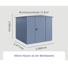 Abmessungen Gartenhaus: 2160 mm Höhe, 2477 mm Breite, 2588 mm Tiefe, 11,8 Kubikmeter Bruttorauminhalt