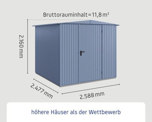 Abmessungen Gartenhaus: 2160 mm Höhe, 2477 mm Breite, 2588 mm Tiefe, 11,8 Kubikmeter Bruttorauminhalt