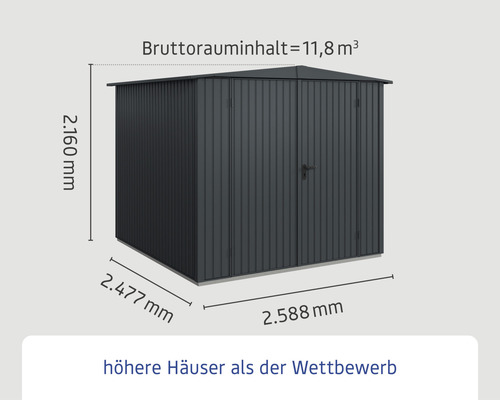 Abmessungen eines Gartenhauses aus Metall mit einem Bruttorauminhalt von 11,8 Kubikmeter