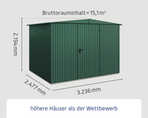 Abbildung eines Gartenhauses mit den Maßangaben Höhe 2194 mm, Tiefe 2477 mm und Breite 3236 mm