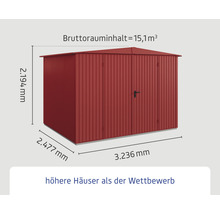 Abbildung eines Gerätehauses mit den Maßen: Höhe 2194 mm, Breite 2477 mm, Tiefe 3236 mm