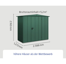 Abbildung eines Gerätehauses mit den Maßen 2160 mm Höhe, 1213 mm Tiefe und 2588 mm Breite