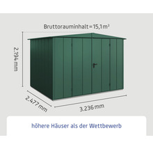 Abmessungen eines Gerätehauses mit den Maßangaben Höhe 2194 Millimeter, Breite 2477 Millimeter und Länge 3236 Millimeter.