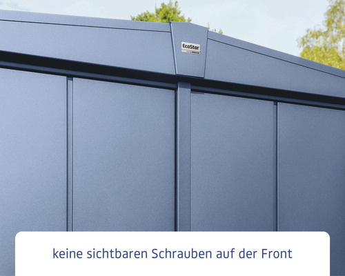 Detailansicht einer Gartenbox mit EcoStar Logo und Schraubenloser Front