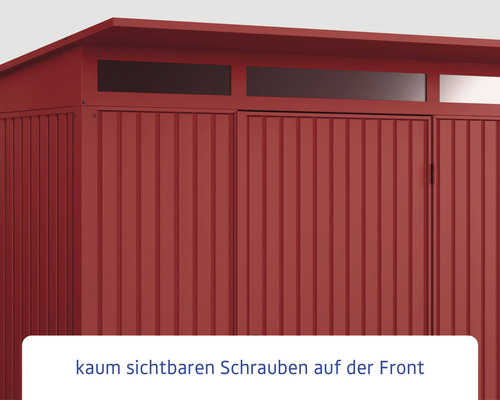 Detailansicht eines Gerätehauses mit kaum sichtbaren Schrauben auf der Front