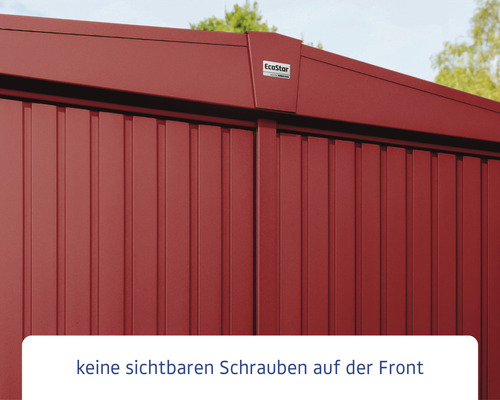 Nahaufnahme einer Garage mit Metallfassade und EcoStar Logo