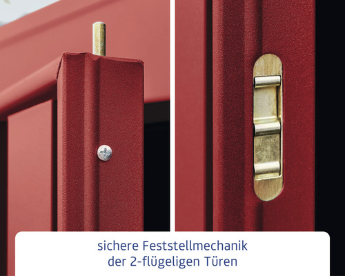 Sichere Feststellmechanik einer zweiflügeligen Tür im Detail