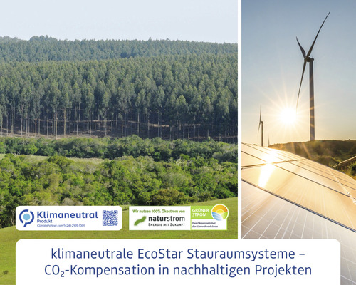 Klimaneutrale EcoStar Stauraumsysteme mit CO2-Kompensation in nachhaltigen Projekten: Wald, Windräder, Solarzellen, Klimaneutral Produkt Siegel, Naturstrom Logo, Grüner Strom Label