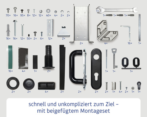 Montageset mit Schrauben, Werkzeugen und Befestigungselementen