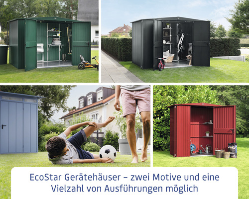 EcoStar Gerätehäuser in verschiedenen Ausführungen im Garten.