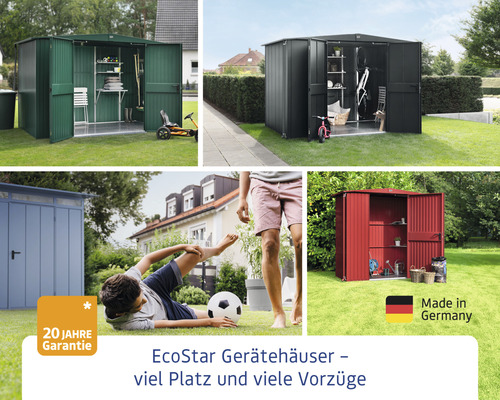 Verschiedene EcoStar Gerätehäuser im Garten mit 20 Jahre Garantie und Hergestellt in Deutschland Siegel