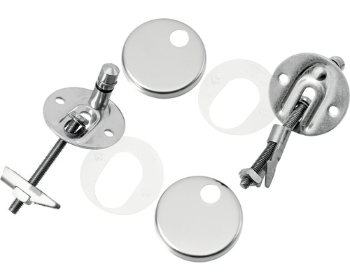 Befestigungsset für WC-Sitze, bestehend aus Schrauben, Unterlegscheiben und Abdeckkappen