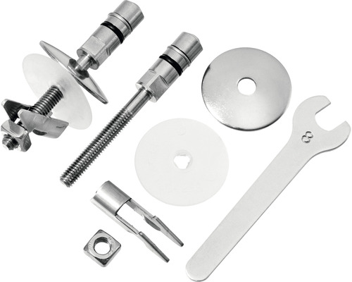 Befestigungsmaterial für Sanitärinstallationen mit Schrauben, Muttern, Scheiben und Schraubenschlüssel