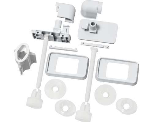 Befestigungsset für WC-Sitze, bestehend aus diversen Montageelementen aus Kunststoff