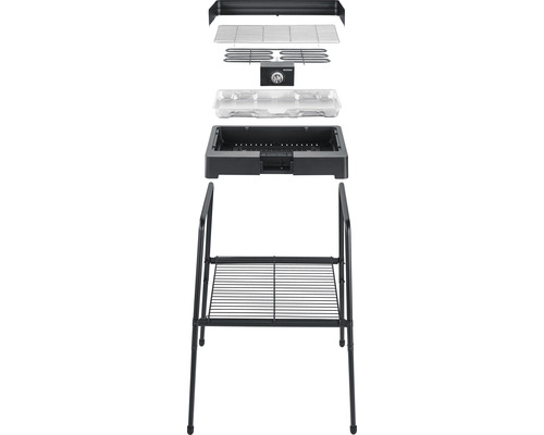 Explosionsdarstellung eines Elektrogrills mit Standfuß und verschiedenen Zubehörteilen