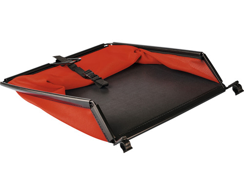 Dispositif de réception d''outils de jardin avec filet rouge et cadre noir.