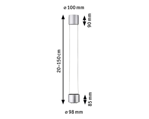 Schéma technique d''une lampe avec les dimensions suivantes : diamètre 100 millimètres, hauteur 90 millimètres, diamètre 98 millimètres, hauteur 85 millimètres, longueur 20 à 150 centimètres.