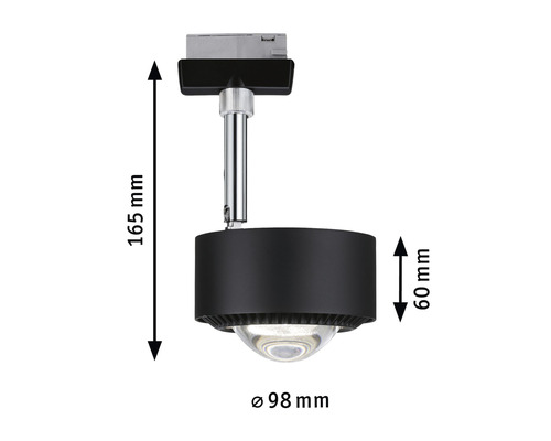Schienenstrahler mit den Massen 165 mm Höhe, 60 mm Tiefe und 98 mm Durchmesser.
