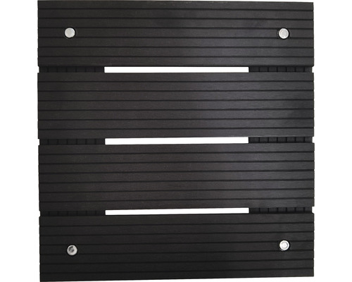 Dunkelbraunes Terrassenelement aus Holz mit vier silberfarbenen Schrauben