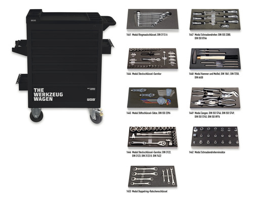 Chariot à outils avec divers modules d''outils, comprenant des clés, des tournevis, un marteau, un burin et des pinces.