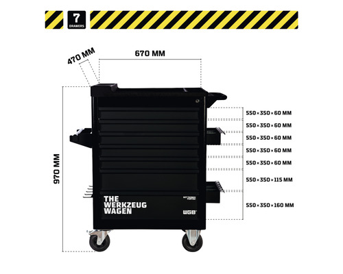 Chariot à outils avec sept tiroirs et indications de dimensions